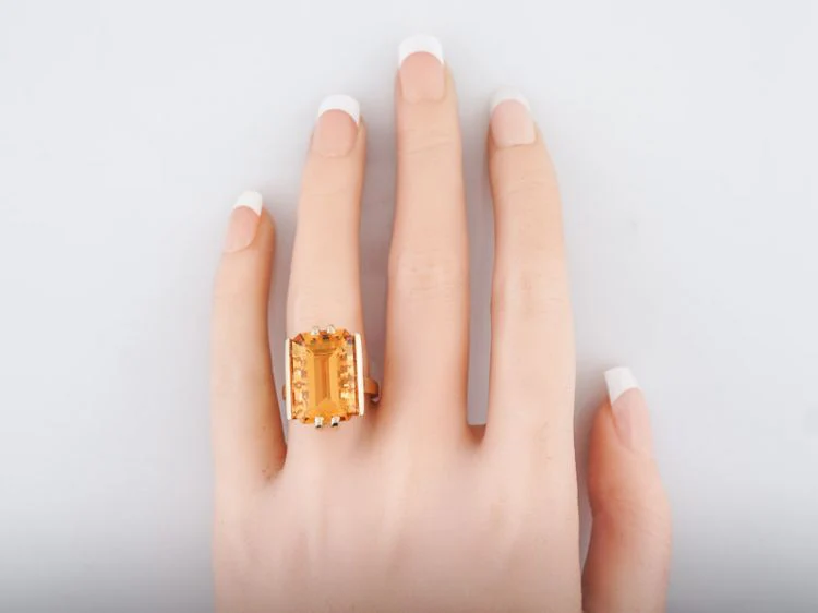 Vintage Cocktail Ring Mid-Century 10.33 Emerald Cut Citrine in 14k Yellow Gold - Image 6
