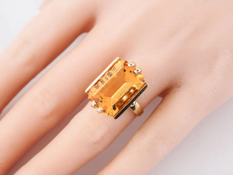 Vintage Cocktail Ring Mid-Century 10.33 Emerald Cut Citrine in 14k Yellow Gold - Image 7