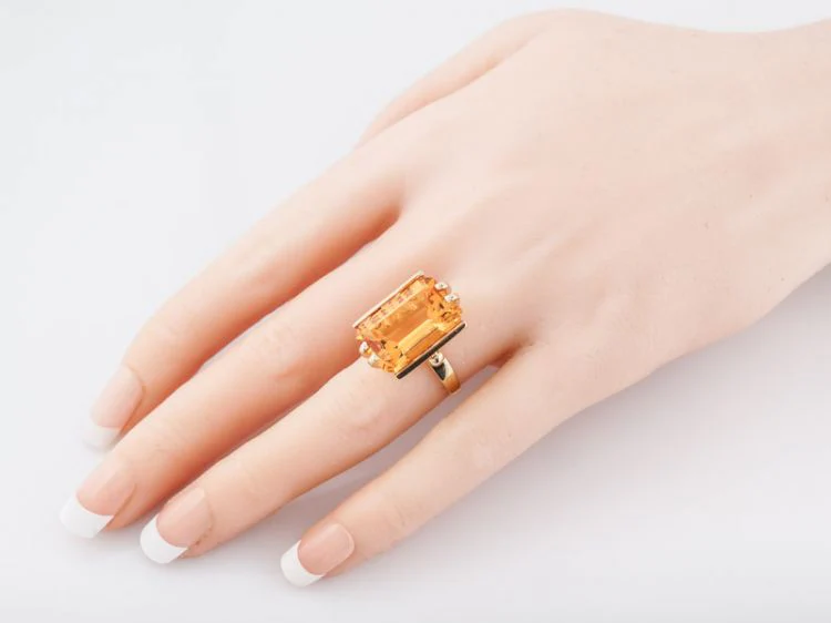 Vintage Cocktail Ring Mid-Century 10.33 Emerald Cut Citrine in 14k Yellow Gold - Image 8