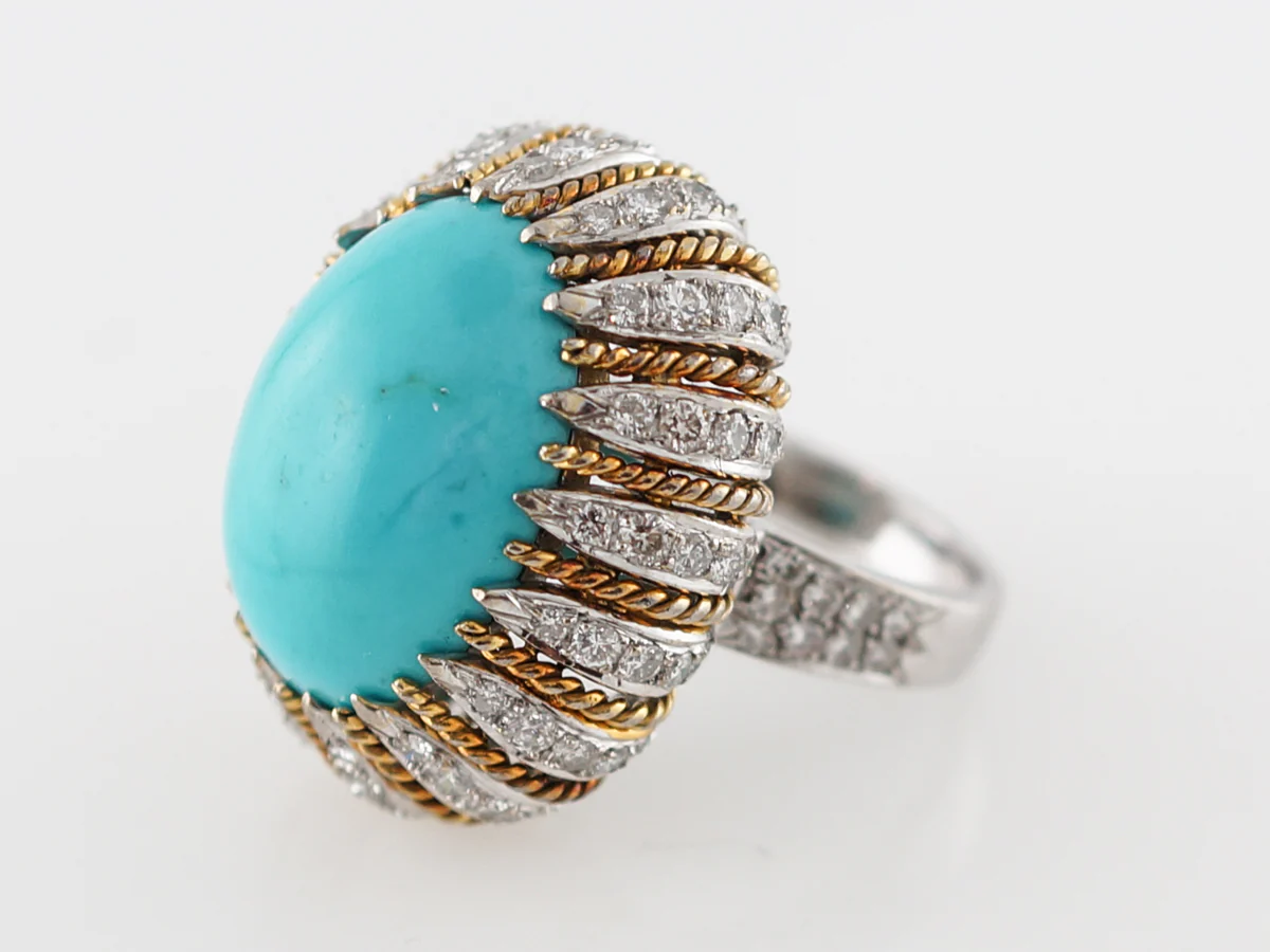 Vintage Cocktail Ring Mid-Century 11.50 Cabochon Cut Turquoise in 18k Yellow & 14k White Gold - Image 2