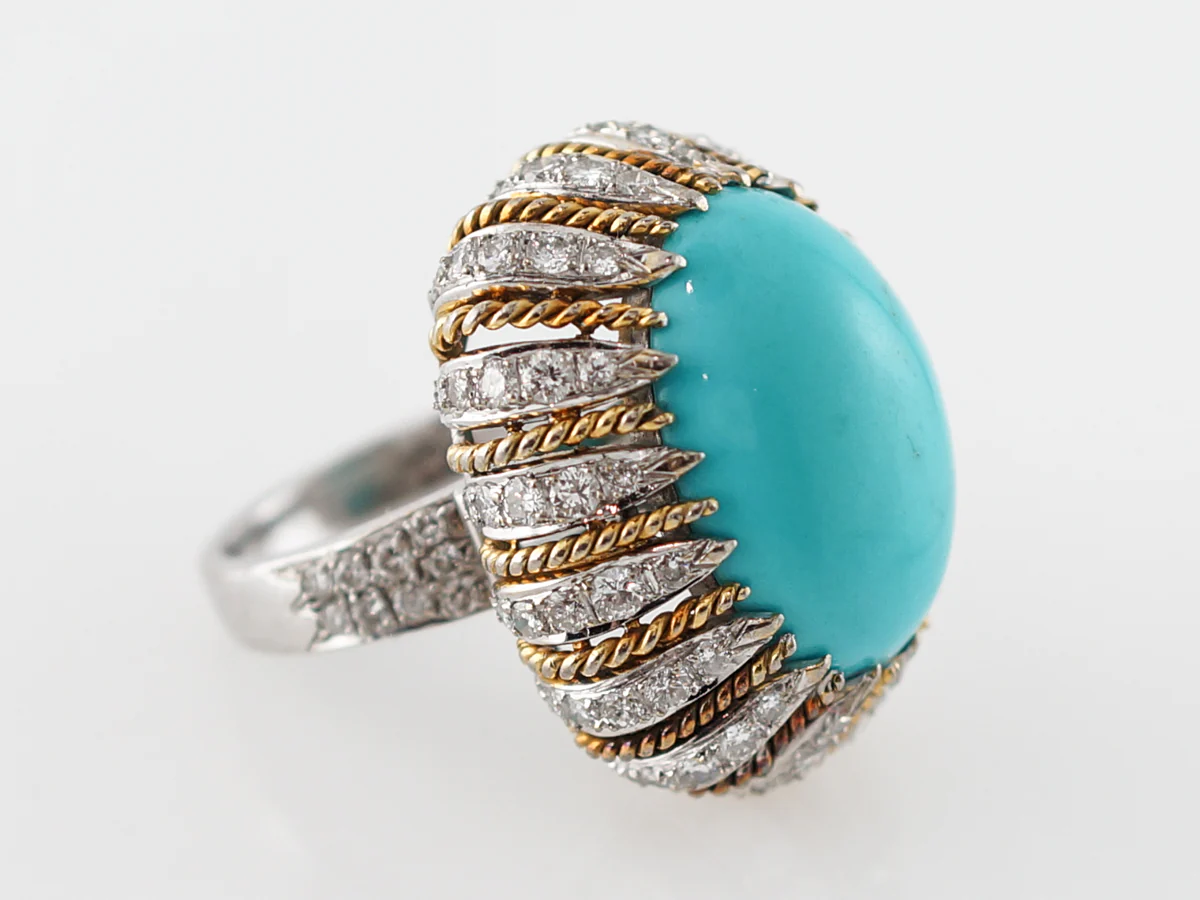 Vintage Cocktail Ring Mid-Century 11.50 Cabochon Cut Turquoise in 18k Yellow & 14k White Gold - Image 3