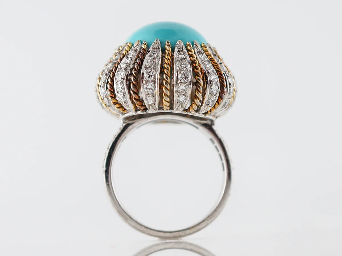 Vintage Cocktail Ring Mid-Century 11.50 Cabochon Cut Turquoise in 18k Yellow & 14k White Gold - Image 4