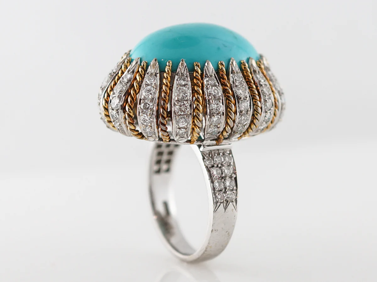 Vintage Cocktail Ring Mid-Century 11.50 Cabochon Cut Turquoise in 18k Yellow & 14k White Gold - Image 5