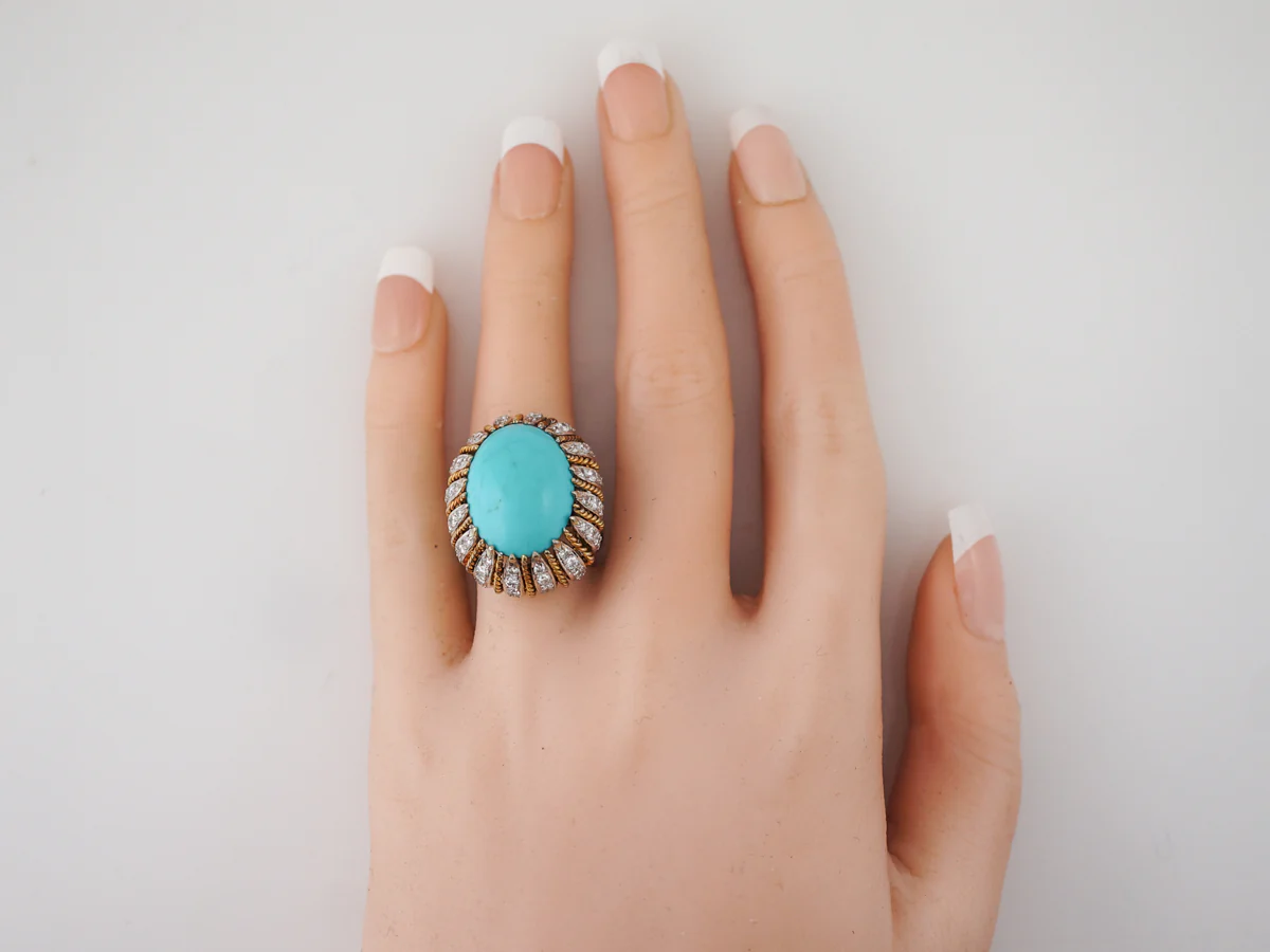 Vintage Cocktail Ring Mid-Century 11.50 Cabochon Cut Turquoise in 18k Yellow & 14k White Gold - Image 6