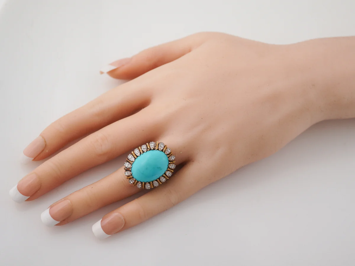 Vintage Cocktail Ring Mid-Century 11.50 Cabochon Cut Turquoise in 18k Yellow & 14k White Gold - Image 7