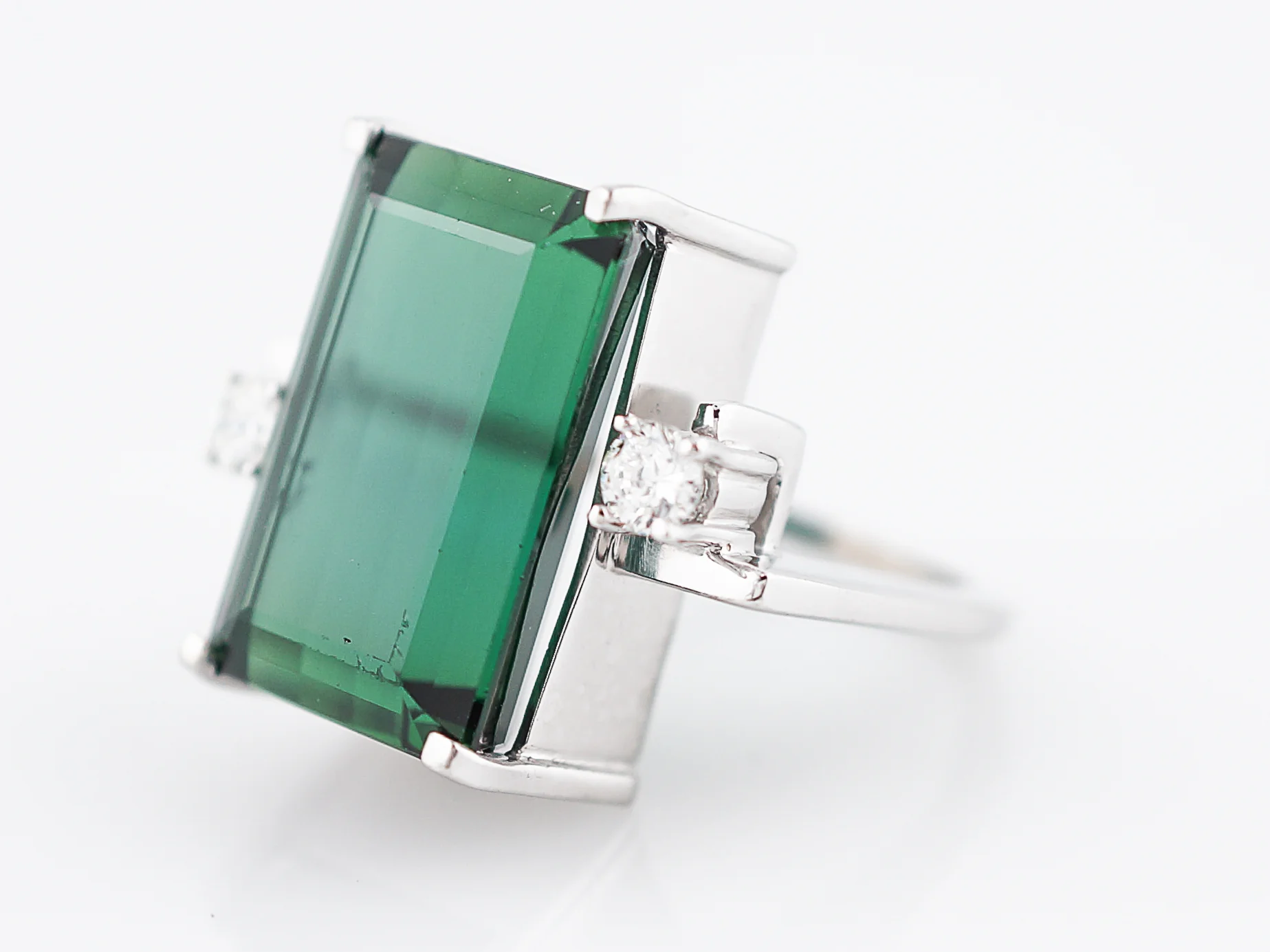 Vintage Cocktail Ring Mid-Century 12.91 Rectangle Cut Chrome Tourmaline in 14k White Gold - Image 2