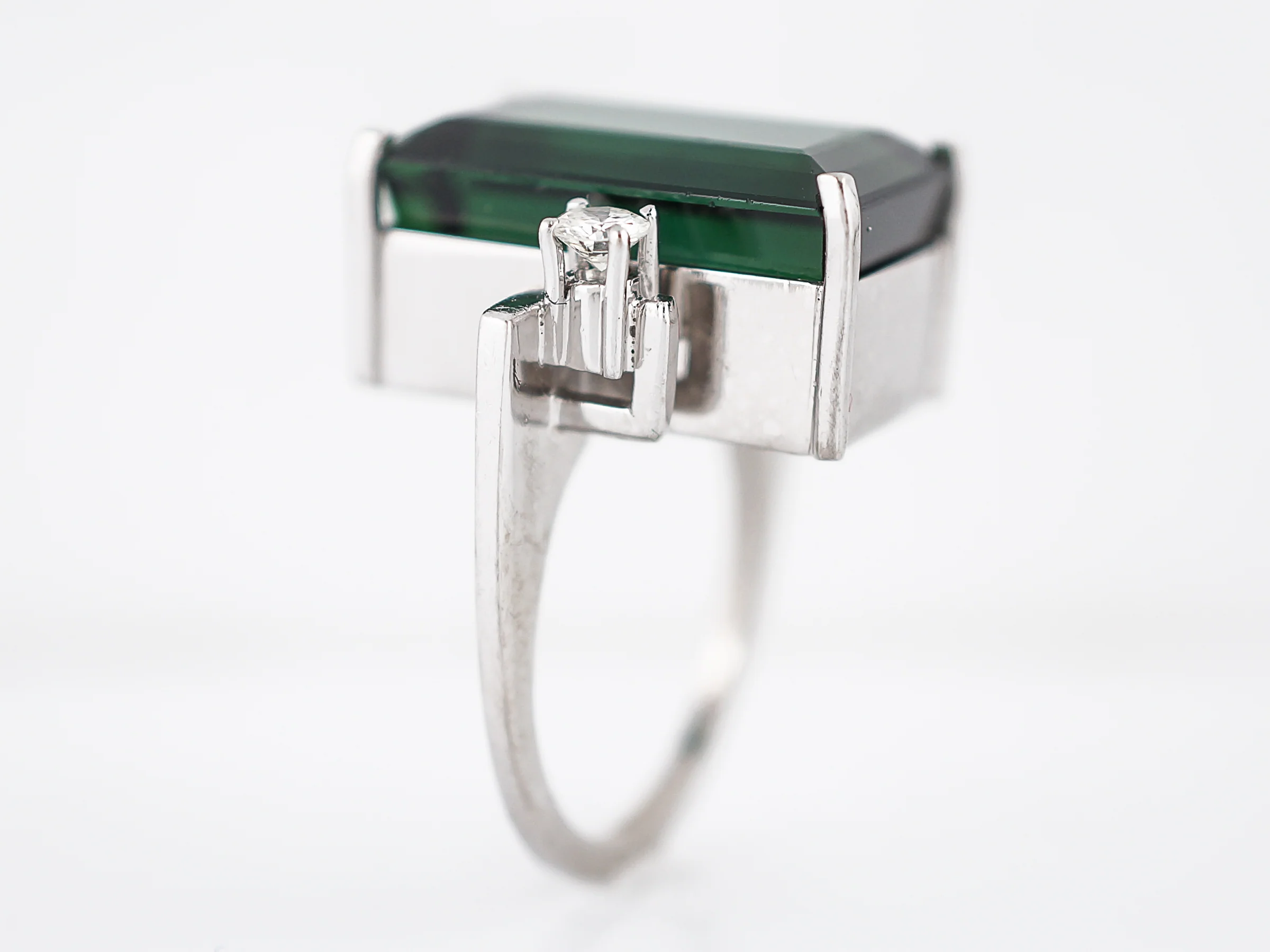 Vintage Cocktail Ring Mid-Century 12.91 Rectangle Cut Chrome Tourmaline in 14k White Gold - Image 6