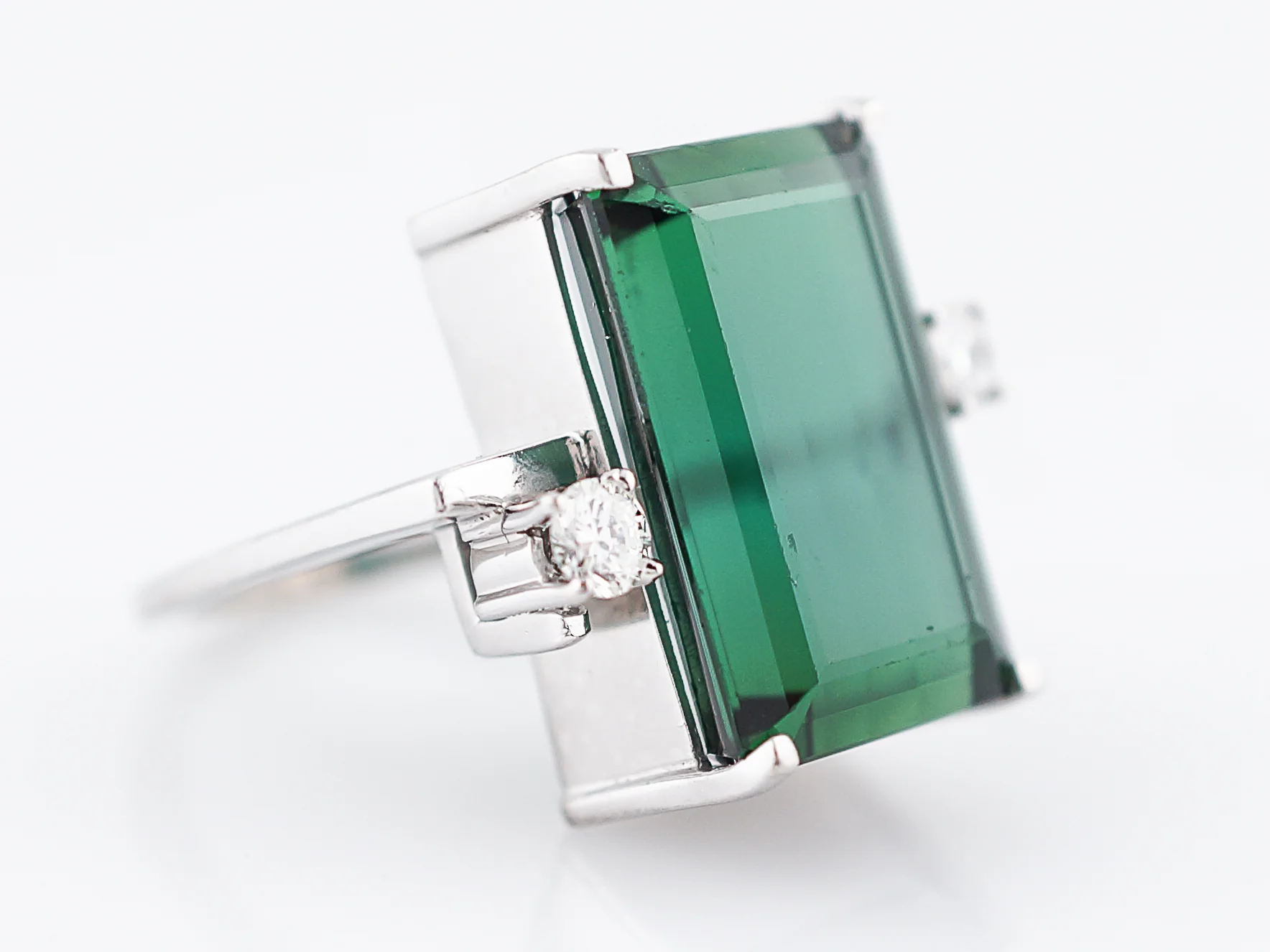 Vintage Cocktail Ring Mid-Century 12.91 Rectangle Cut Chrome Tourmaline in 14k White Gold - Image 8