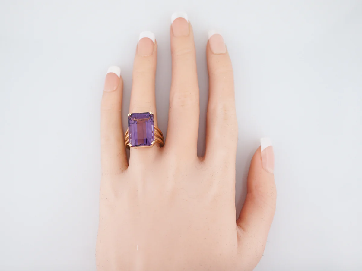 Vintage Cocktail Ring Mid-Century 14.06 Emerald Cut Amethyst in 14K Yellow Gold - Image 7