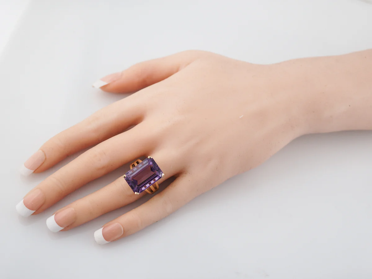 Vintage Cocktail Ring Mid-Century 14.06 Emerald Cut Amethyst in 14K Yellow Gold - Image 8
