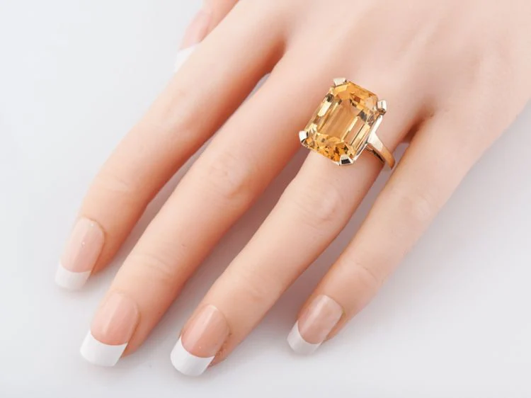 Vintage Cocktail Ring Mid-Century 15.42 Emerald Cut Citrine in 14k Yellow Gold - Image 6