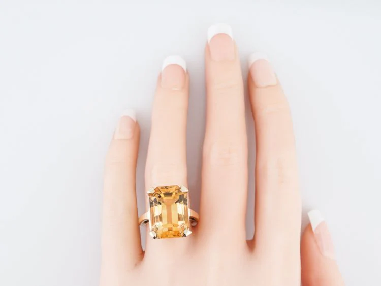 Vintage Cocktail Ring Mid-Century 15.42 Emerald Cut Citrine in 14k Yellow Gold - Image 7