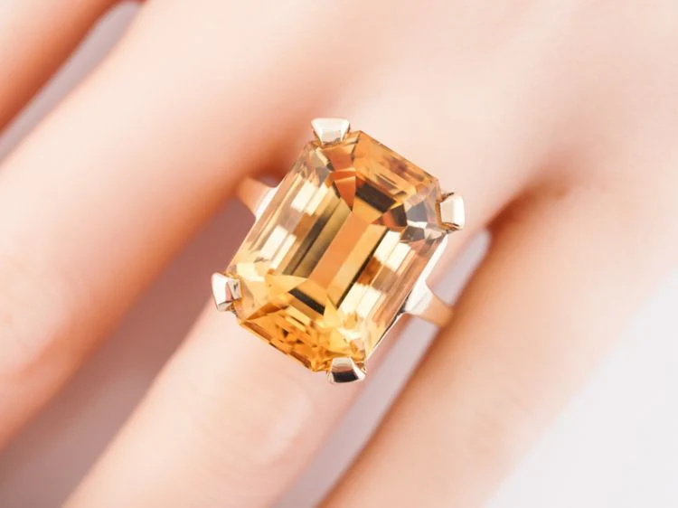 Vintage Cocktail Ring Mid-Century 15.42 Emerald Cut Citrine in 14k Yellow Gold - Image 8