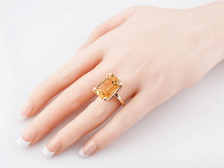 Vintage Cocktail Ring Mid-Century 15.42 Emerald Cut Citrine in 14k Yellow Gold - Image 9