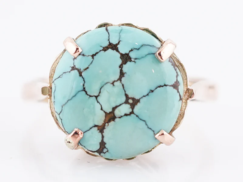Vintage Cocktail Ring Mid-Century 3.85 Cabochon Cut Turquoise in 14k Rose Gold