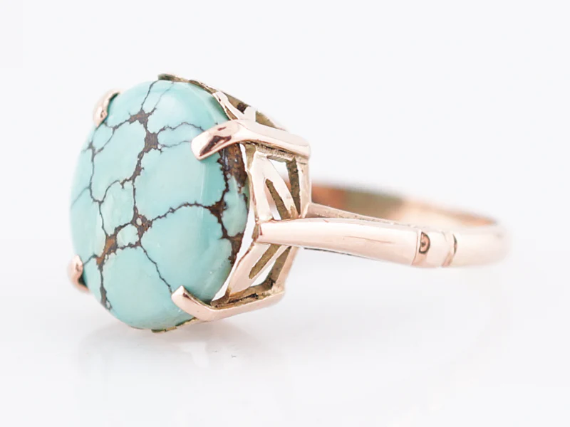 Vintage Cocktail Ring Mid-Century 3.85 Cabochon Cut Turquoise in 14k Rose Gold - Image 2
