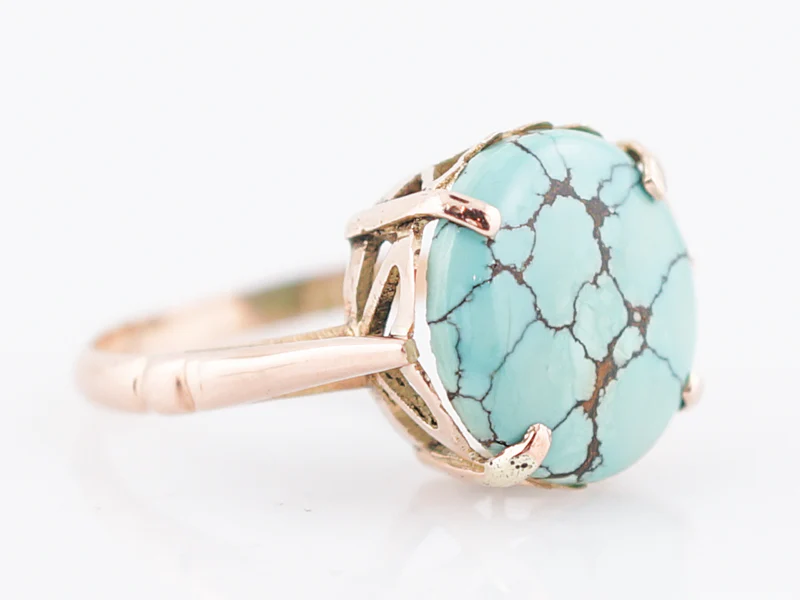 Vintage Cocktail Ring Mid-Century 3.85 Cabochon Cut Turquoise in 14k Rose Gold - Image 3