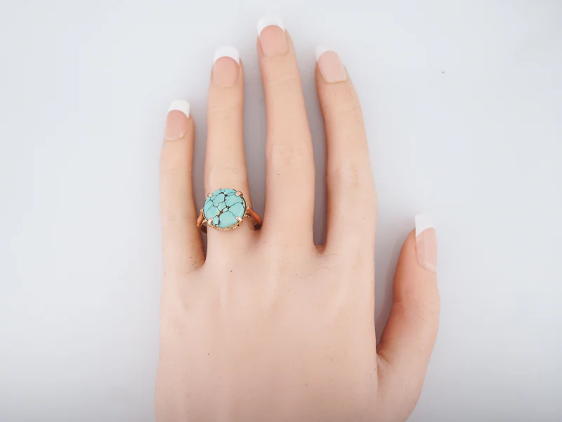 Vintage Cocktail Ring Mid-Century 3.85 Cabochon Cut Turquoise in 14k Rose Gold - Image 6