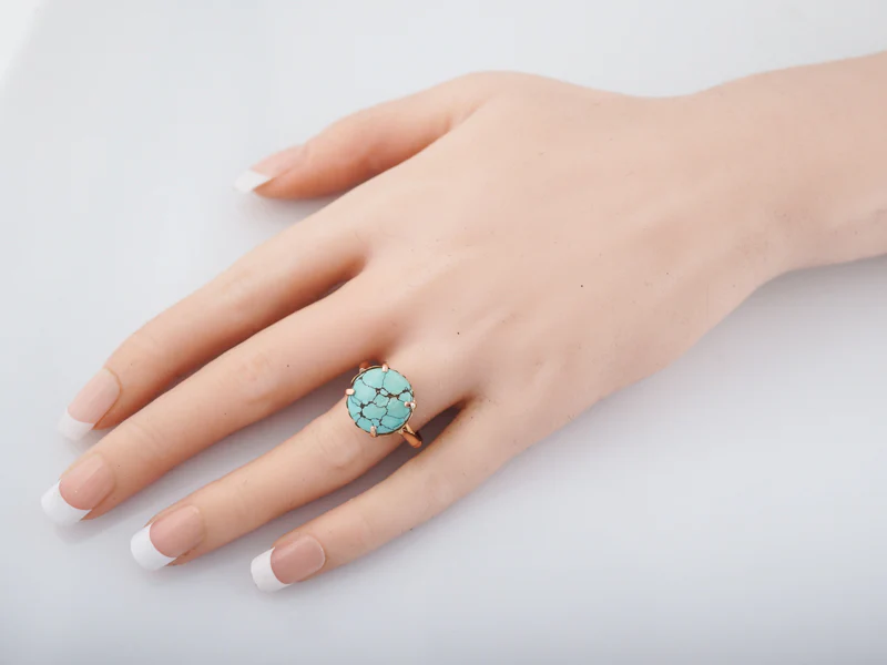 Vintage Cocktail Ring Mid-Century 3.85 Cabochon Cut Turquoise in 14k Rose Gold - Image 7