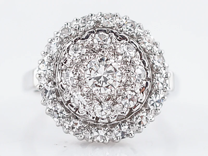 Vintage Cocktail Ring Mid-Century .97 Round Brilliant & Single Cut Diamonds in 14k White Gold