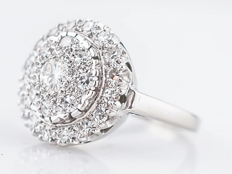 Vintage Cocktail Ring Mid-Century .97 Round Brilliant & Single Cut Diamonds in 14k White Gold - Image 2