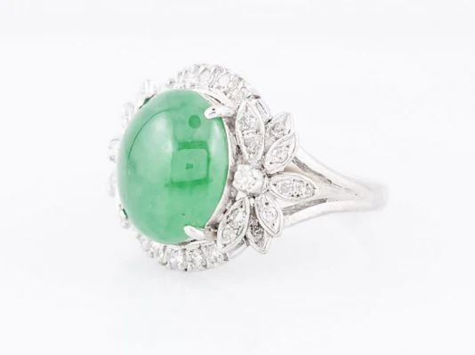 Vintage Cocktail Ring Mid-Century GIA 4.55 Oval Cabochon Cut Jade in 14k White Gold - Image 2