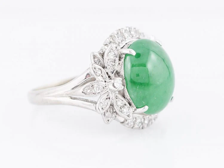 Vintage Cocktail Ring Mid-Century GIA 4.55 Oval Cabochon Cut Jade in 14k White Gold - Image 3