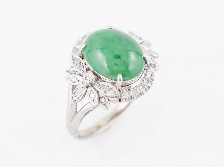Vintage Cocktail Ring Mid-Century GIA 4.55 Oval Cabochon Cut Jade in 14k White Gold - Image 4