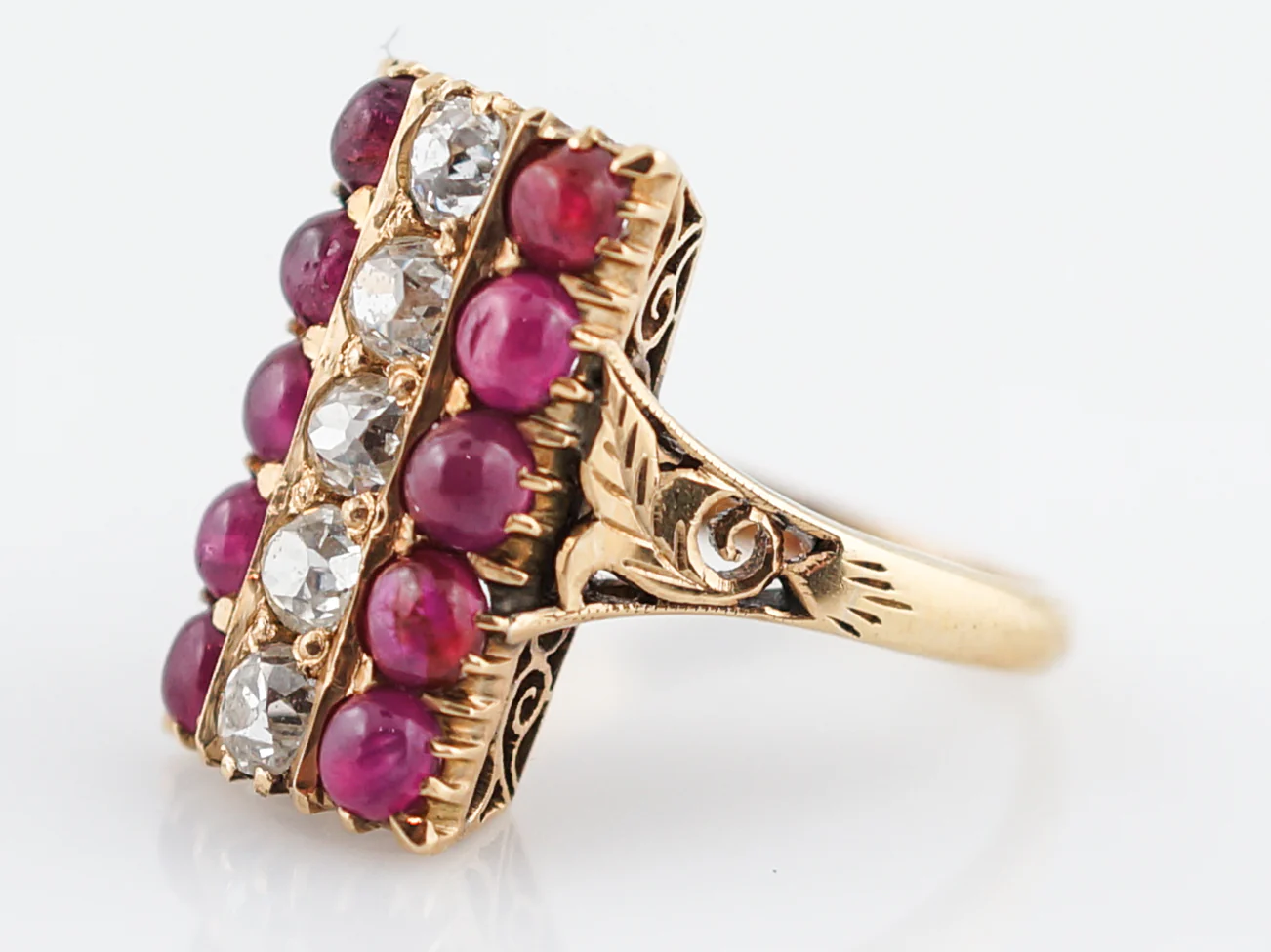 Vintage Cocktail Ring Retro 1.03 Old European Cut Diamond & Cabochon Cut Ruby in 18k Yellow Gold - Image 2