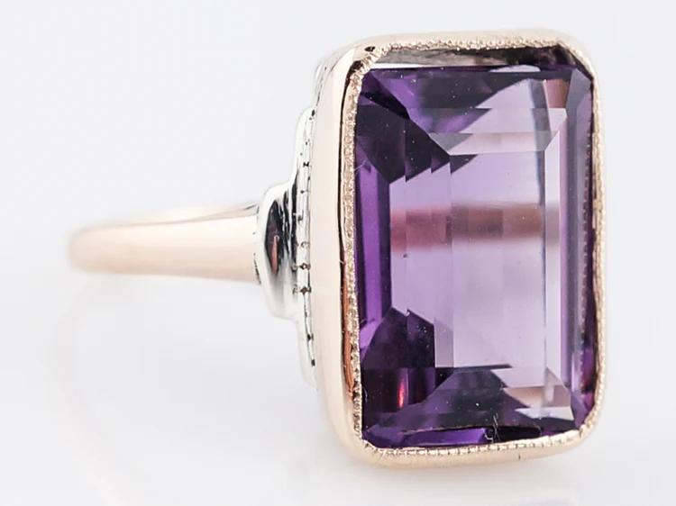Vintage Cocktail Ring Retro 7.90 Emerald Cut Amethyst in 14k Yellow Gold - Image 2