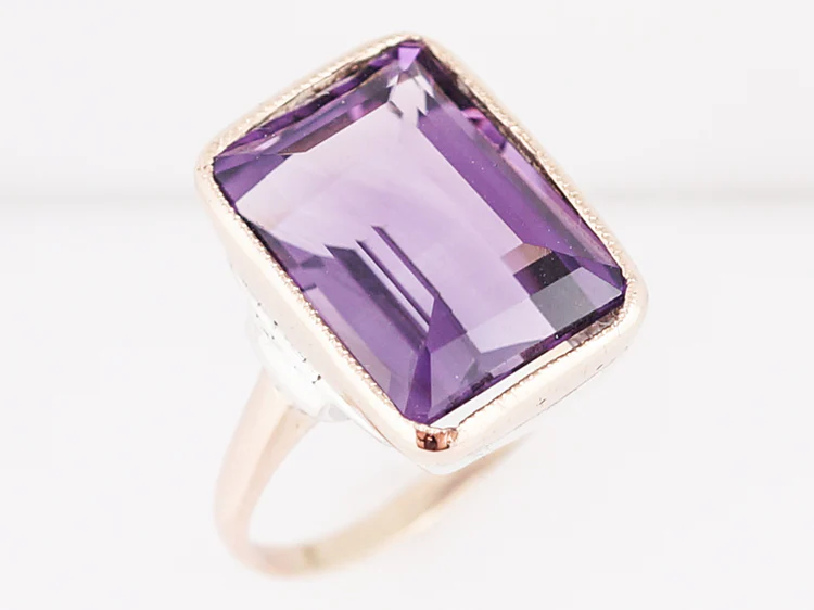 Vintage Cocktail Ring Retro 7.90 Emerald Cut Amethyst in 14k Yellow Gold - Image 4