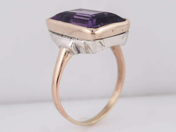 Vintage Cocktail Ring Retro 7.90 Emerald Cut Amethyst in 14k Yellow Gold - Image 5