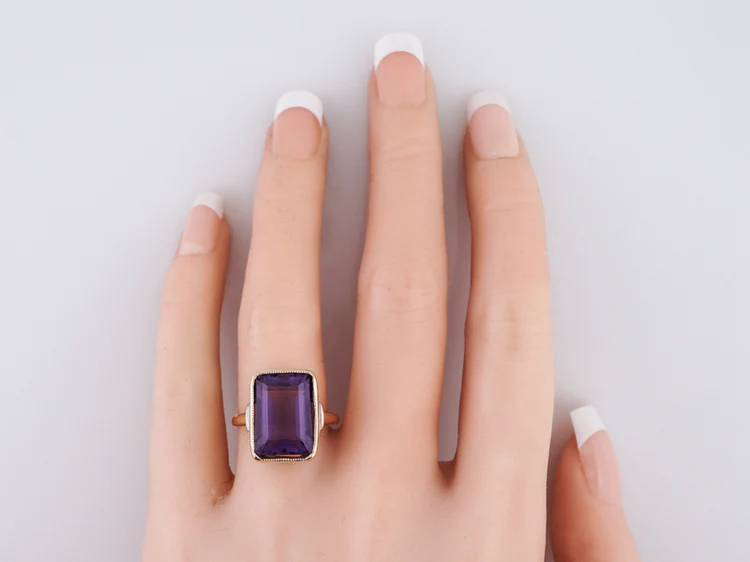 Vintage Cocktail Ring Retro 7.90 Emerald Cut Amethyst in 14k Yellow Gold - Image 7