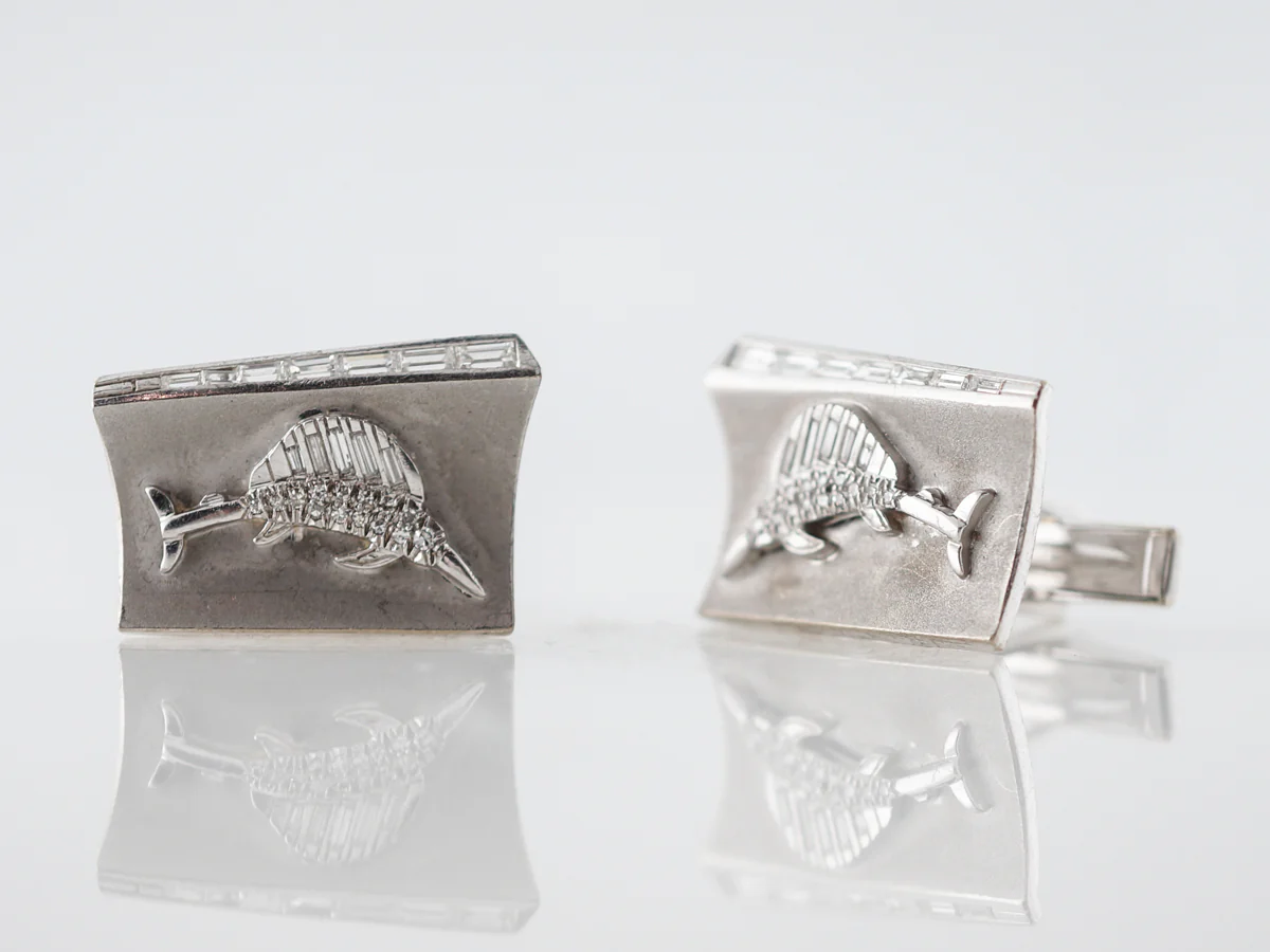 Vintage Cufflinks Mid-Century 1.18 Single & Baguette Cut Diamonds in 14K White Gold - Image 2