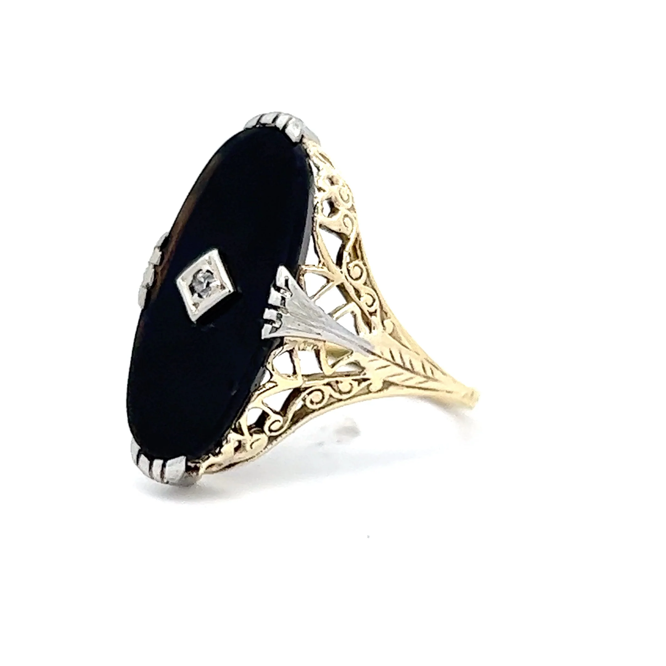 Vintage Deco Diamond Filigree Cocktail Ring in Yellow Gold