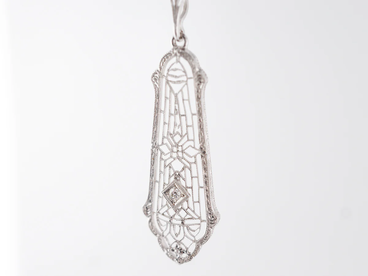 Vintage Deco Filigree Diamond Pendant in White Gold - Image 4