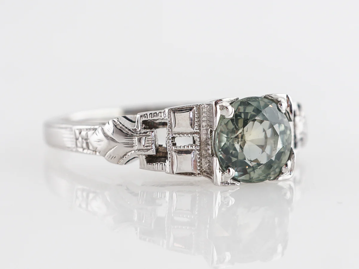 Vintage Deco Green Sapphire Ring in 18k White Gold - Image 3