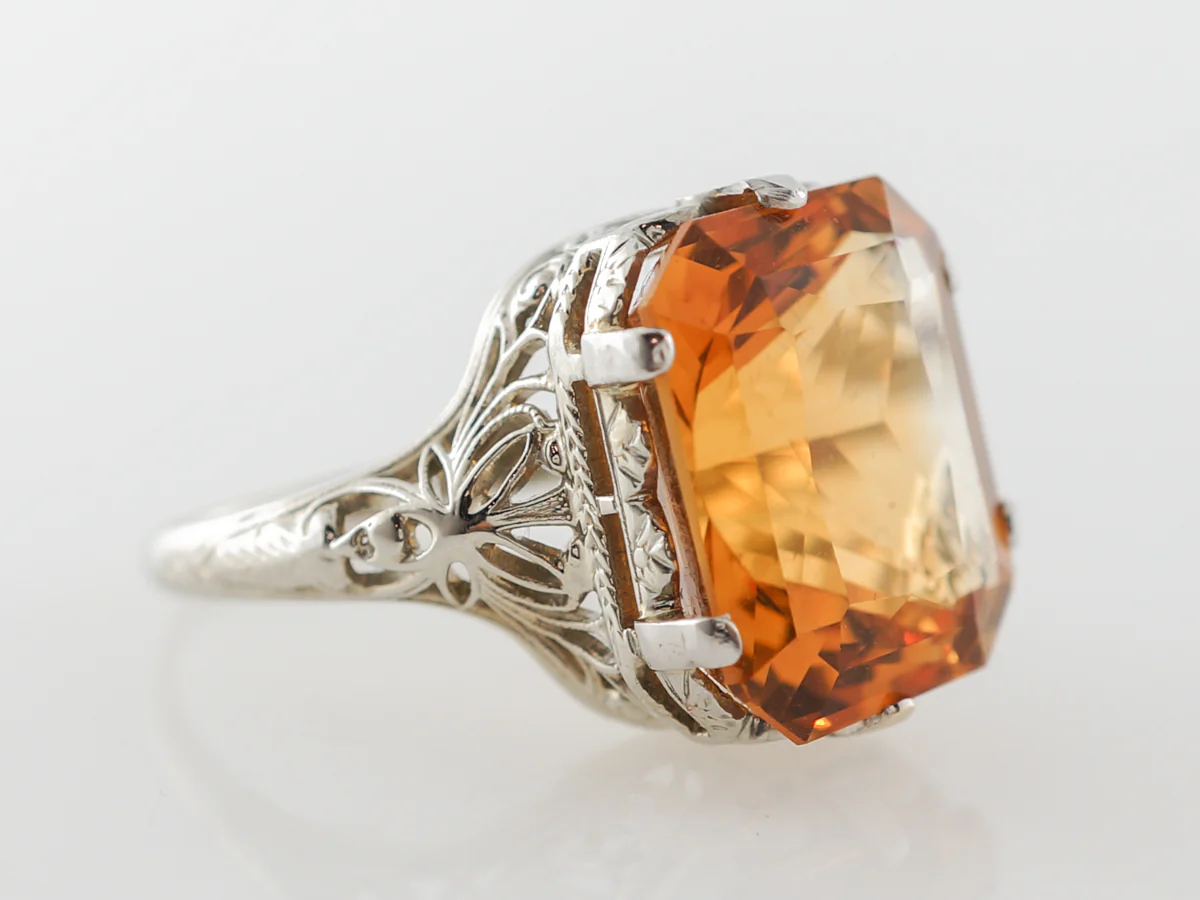 Vintage Deco Madeira Citrine Filigree Ring in White Gold - Image 3