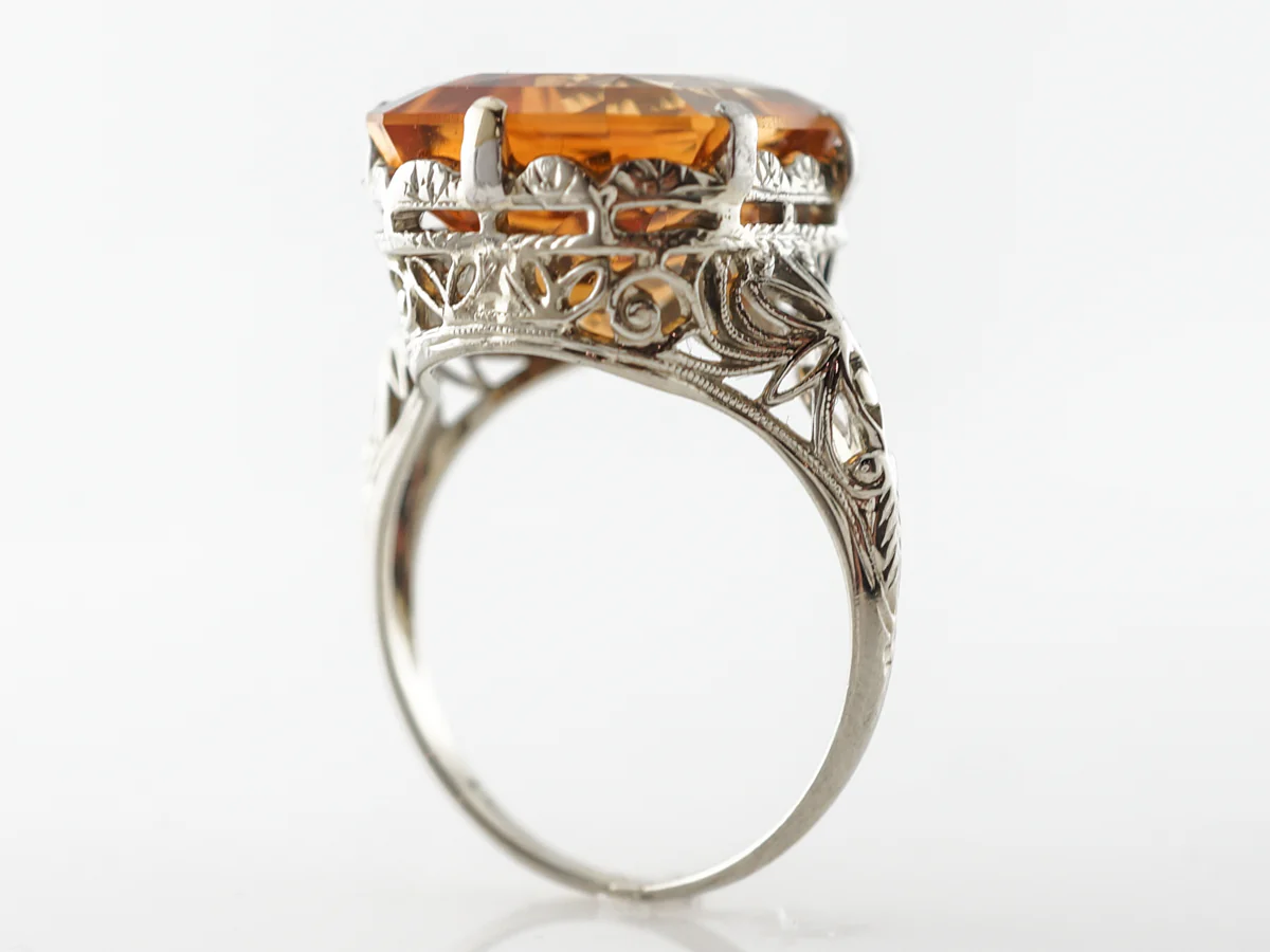 Vintage Deco Madeira Citrine Filigree Ring in White Gold - Image 5