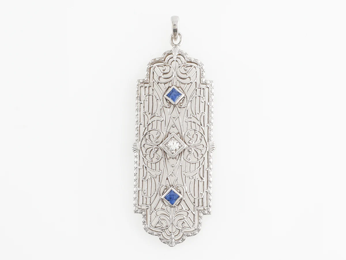 Vintage Deco Synthetic Sapphire & Glass Filigree Pendant in White Gold