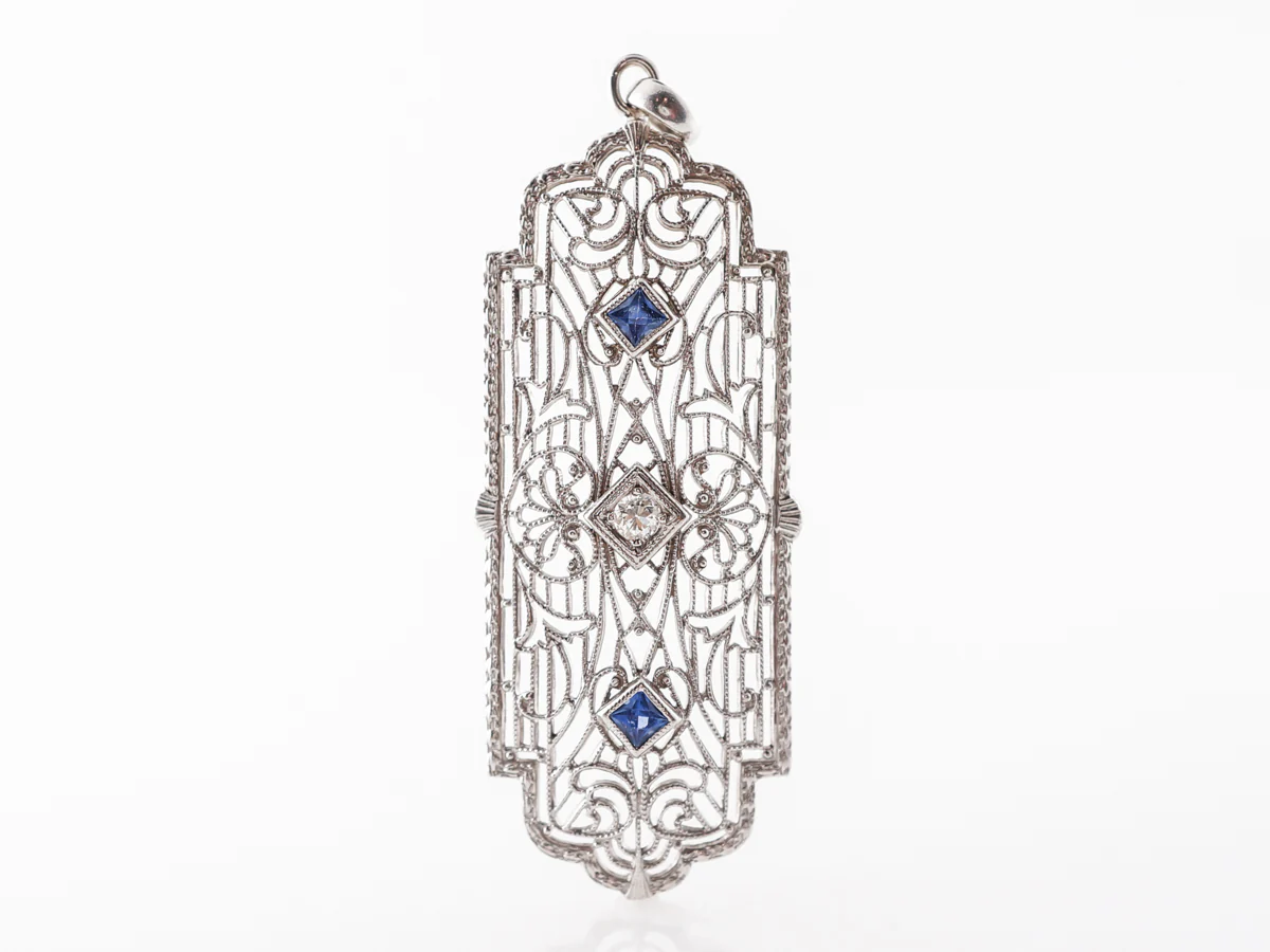 Vintage Deco Synthetic Sapphire & Glass Filigree Pendant in White Gold - Image 2