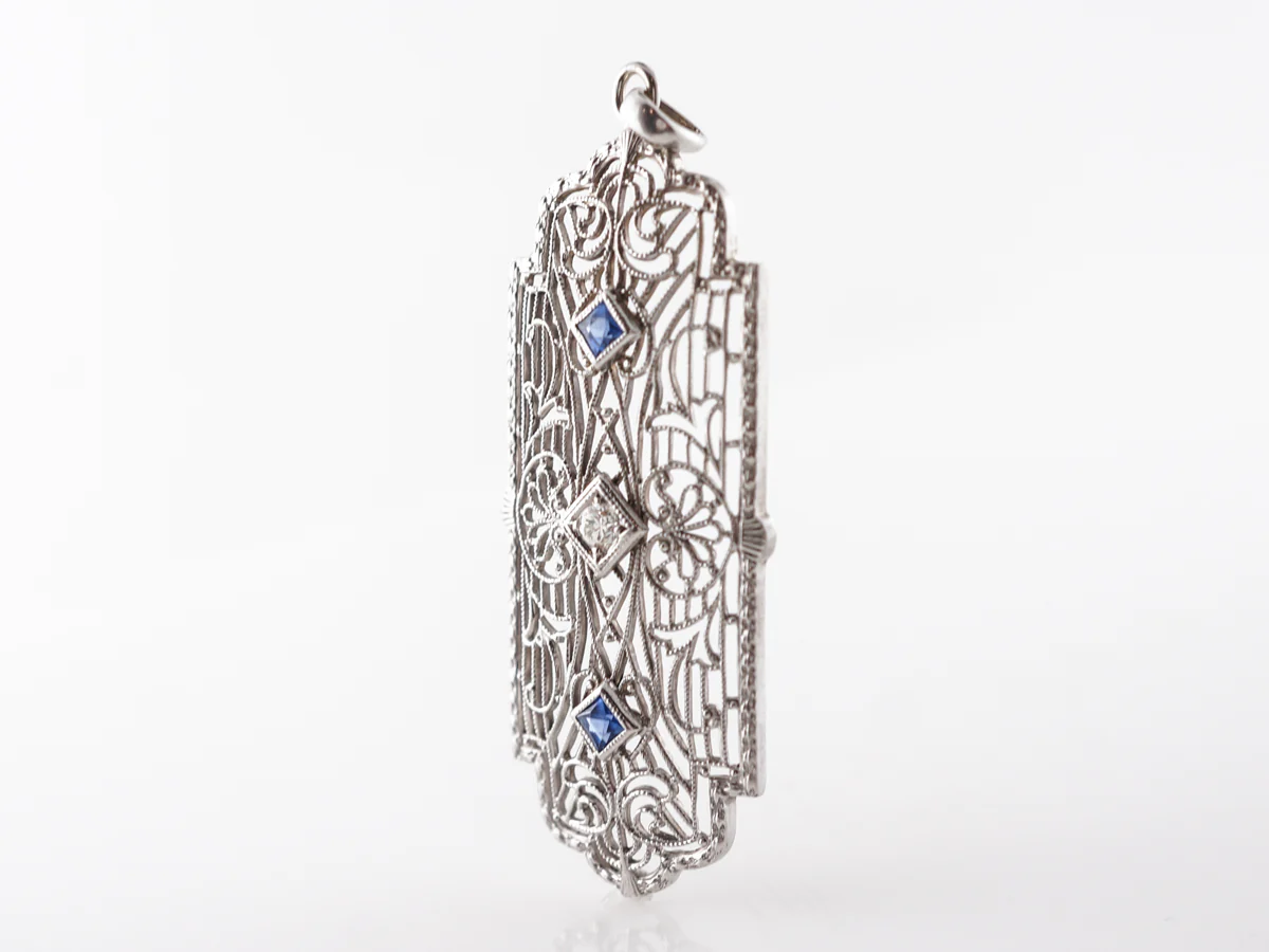 Vintage Deco Synthetic Sapphire & Glass Filigree Pendant in White Gold - Image 3