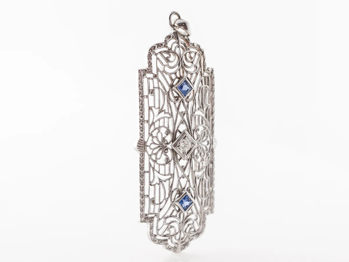 Vintage Deco Synthetic Sapphire & Glass Filigree Pendant in White Gold - Image 4