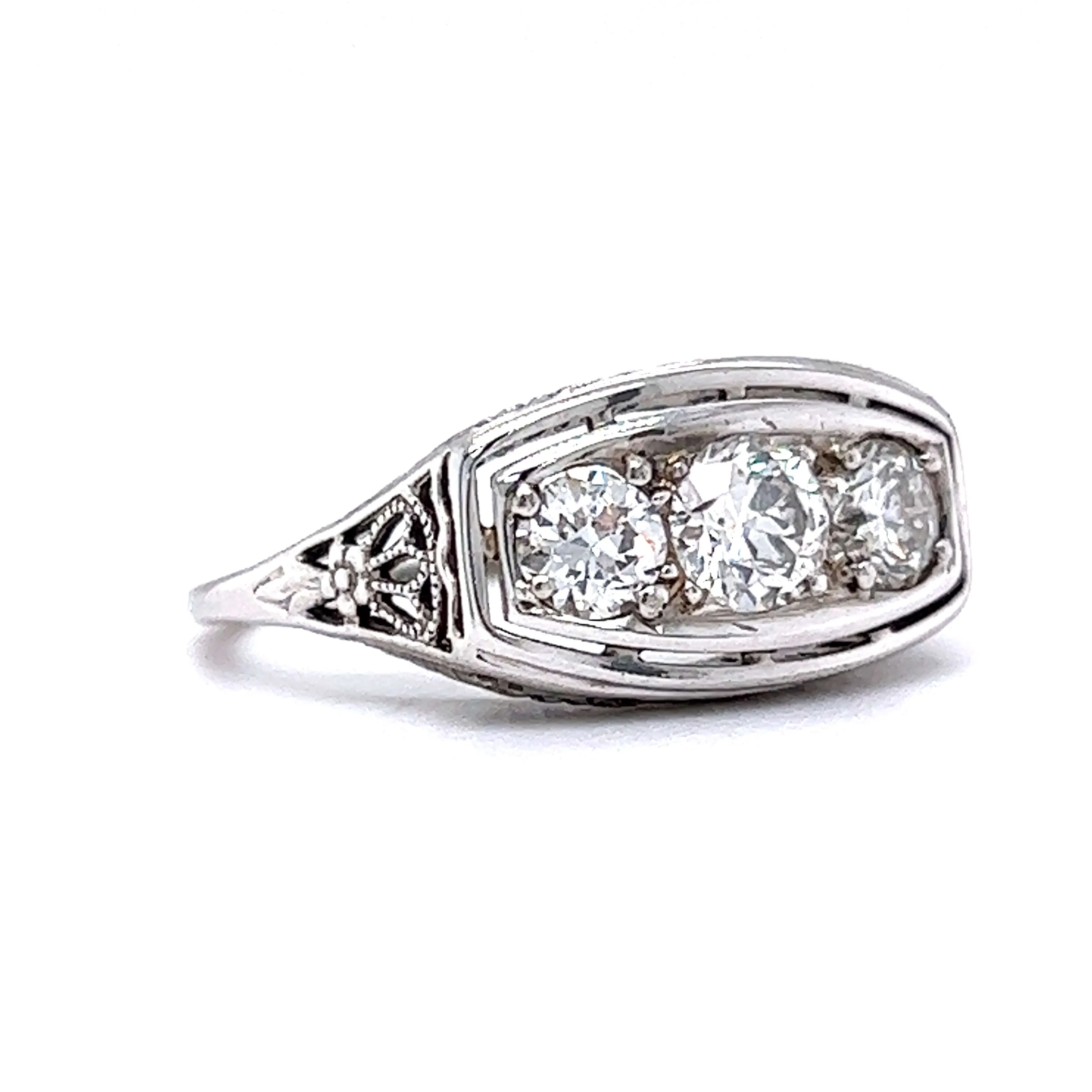 Vintage Deco Three Stone Diamond Ring in 18k White Gold - Image 3
