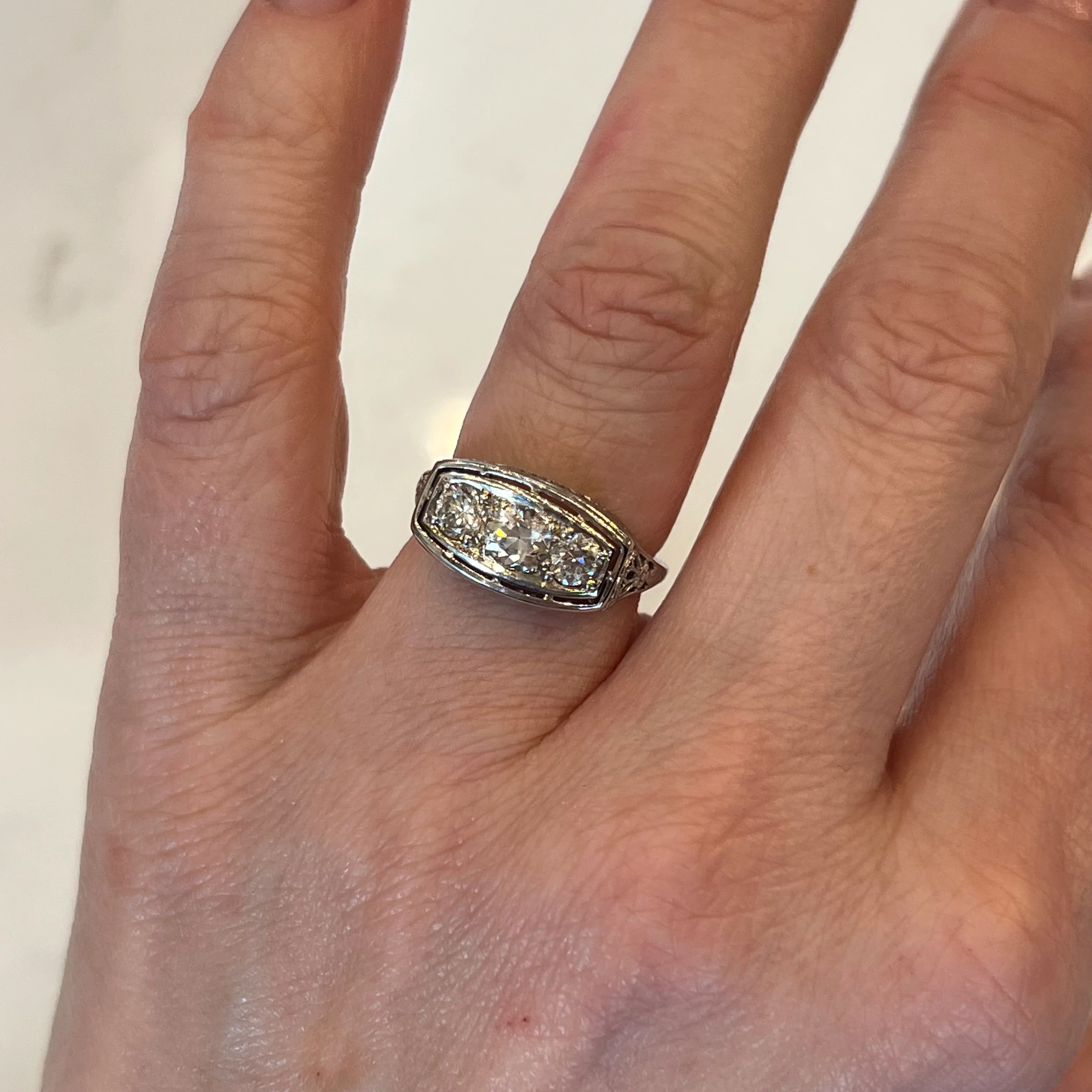 Vintage Deco Three Stone Diamond Ring in 18k White Gold - Image 6