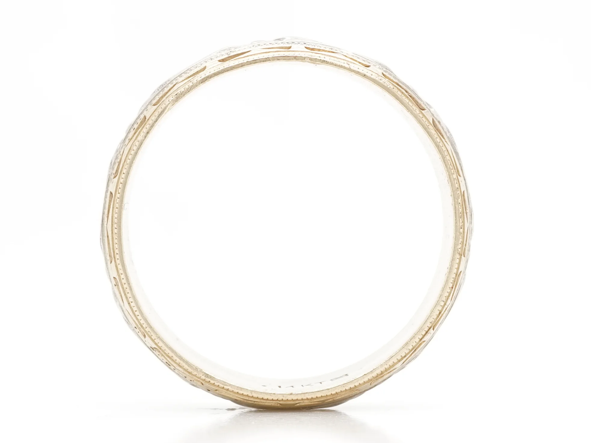 Vintage Deco Two-Tone Engraved Wedding Band in 14K - Image 3