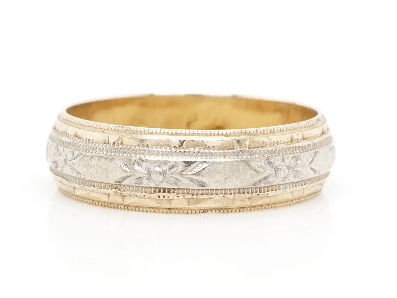 Vintage Deco Two-Tone Engraved Wedding Band in 14K - Image 4