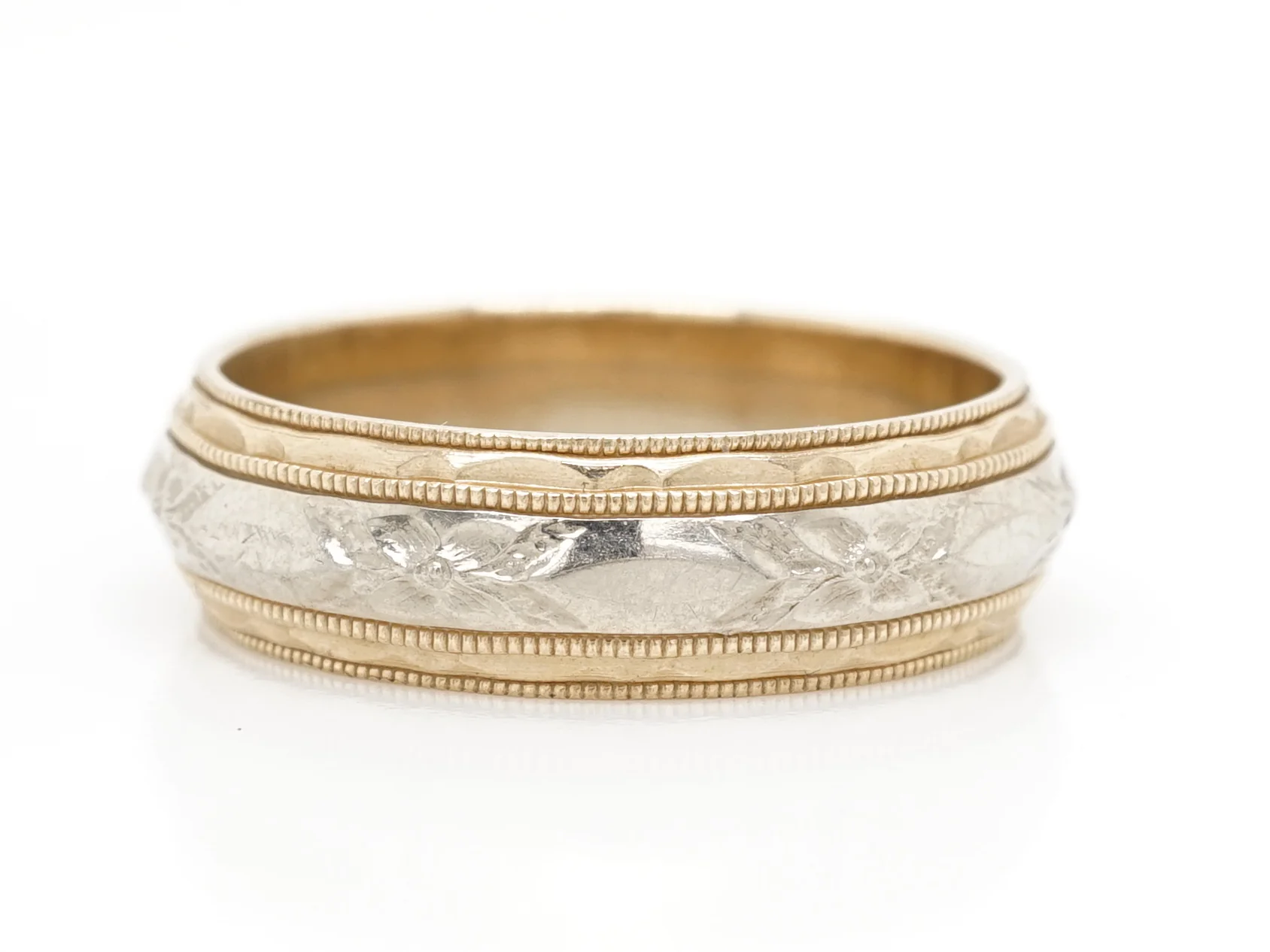 Vintage Deco Two-Tone Engraved Wedding Band in 14K - Image 2