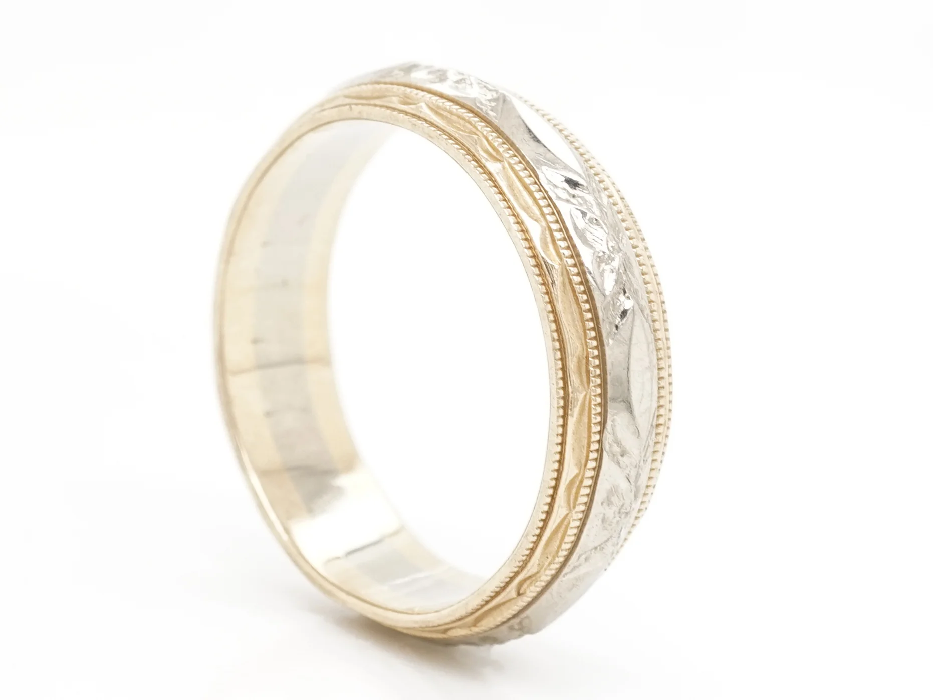 Vintage Deco Two-Tone Engraved Wedding Band in 14K - Image 3
