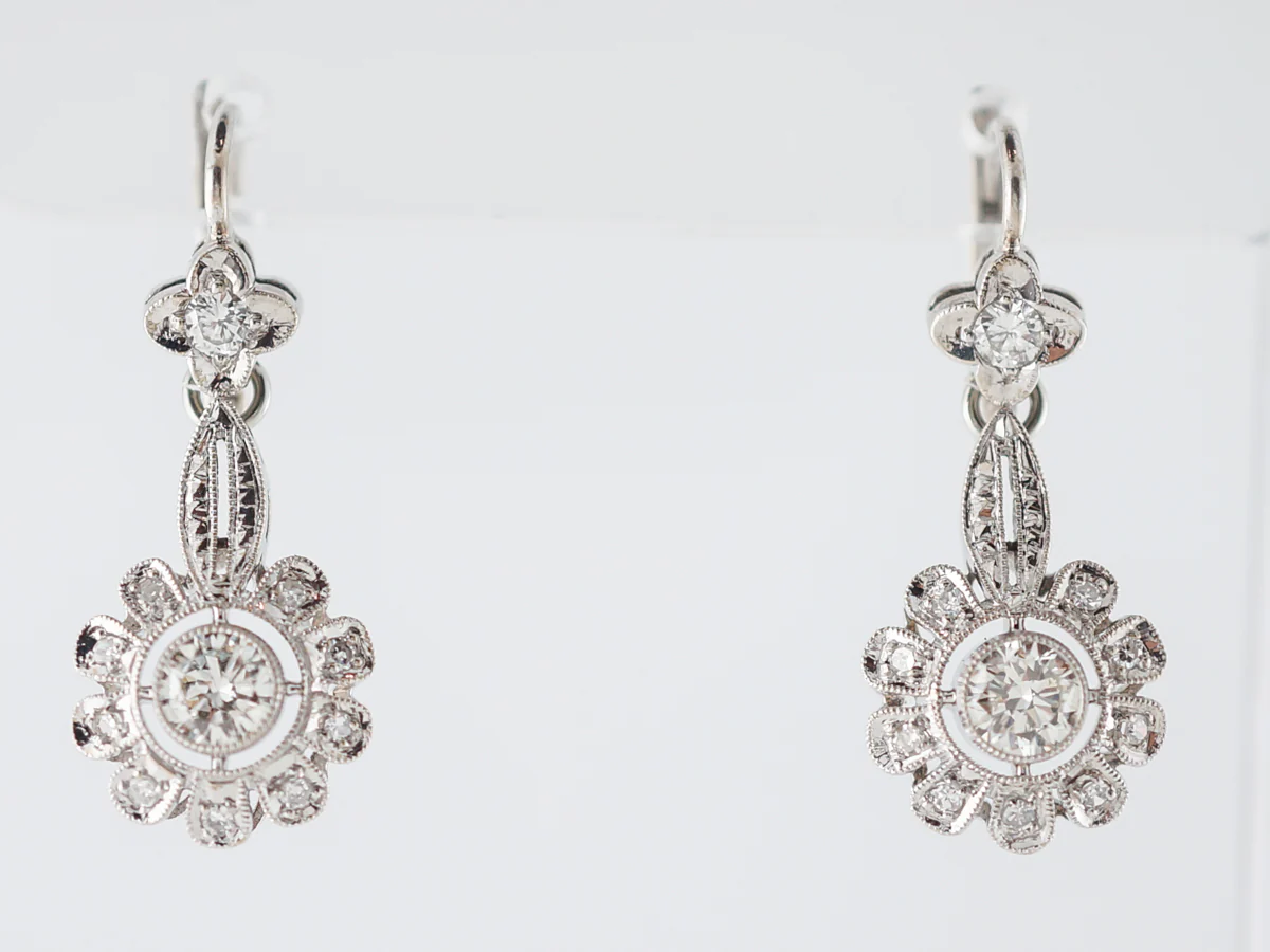 Vintage Earrings Art Deco .70 Round Brilliant Cut Diamond in 18k White Gold